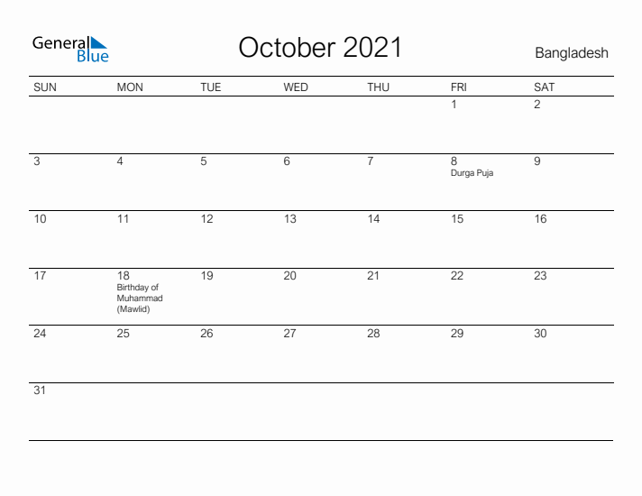 Printable October 2021 Calendar for Bangladesh