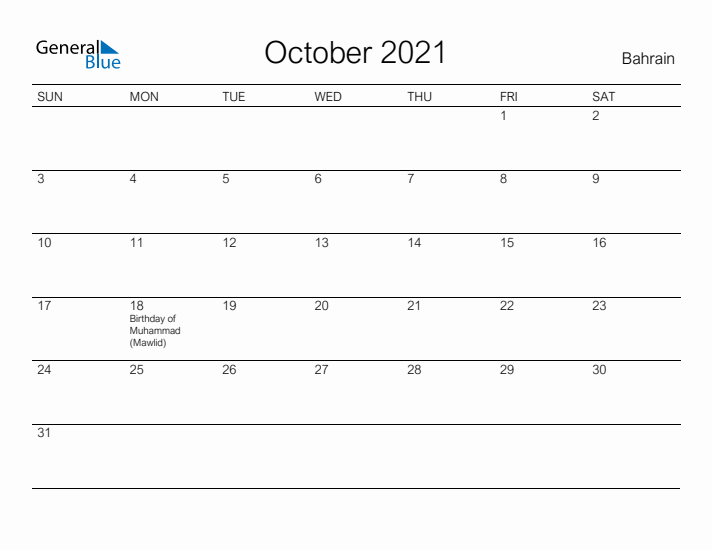 Printable October 2021 Calendar for Bahrain