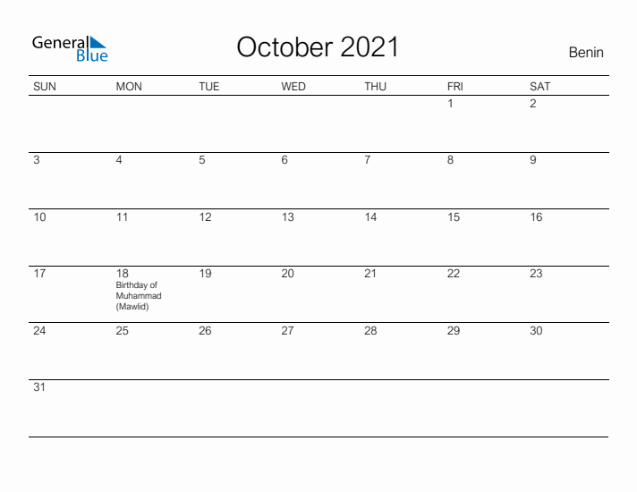 Printable October 2021 Calendar for Benin