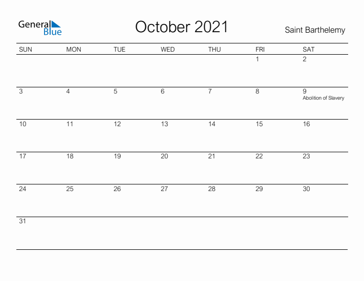 Printable October 2021 Calendar for Saint Barthelemy