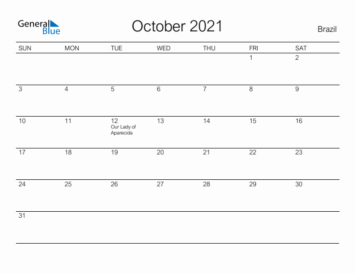 Printable October 2021 Calendar for Brazil
