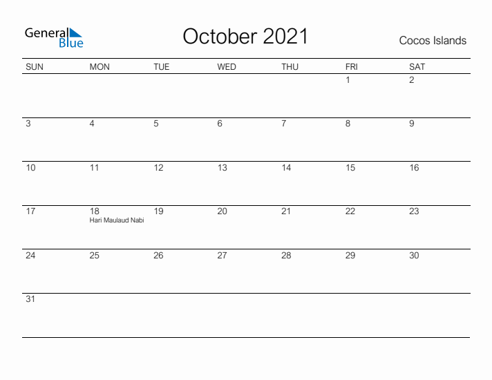Printable October 2021 Calendar for Cocos Islands