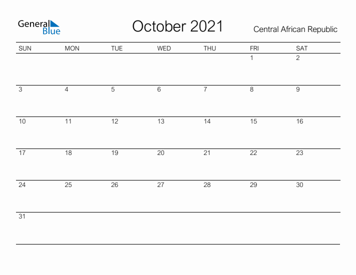 Printable October 2021 Calendar for Central African Republic