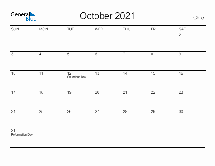 Printable October 2021 Calendar for Chile
