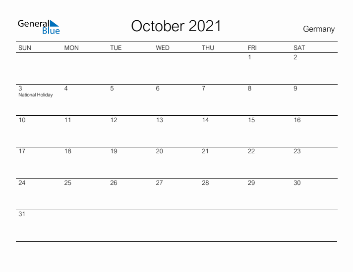 Printable October 2021 Calendar for Germany