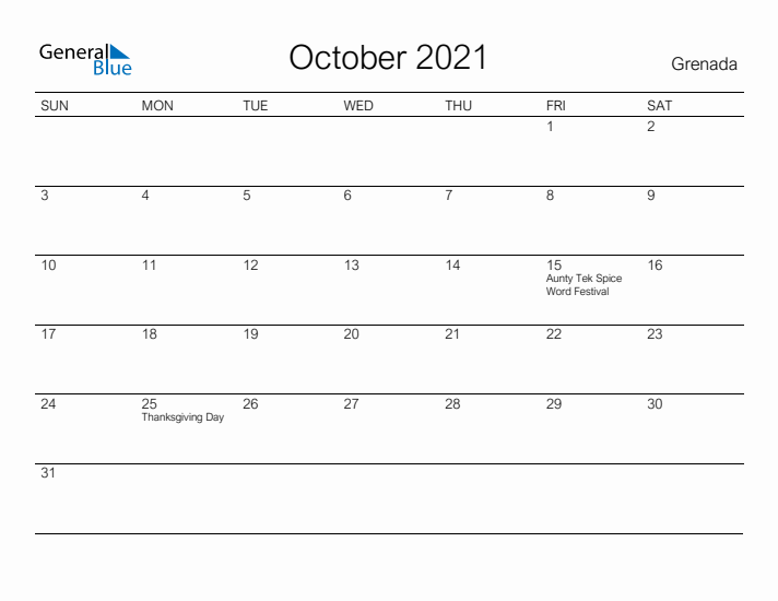 Printable October 2021 Calendar for Grenada