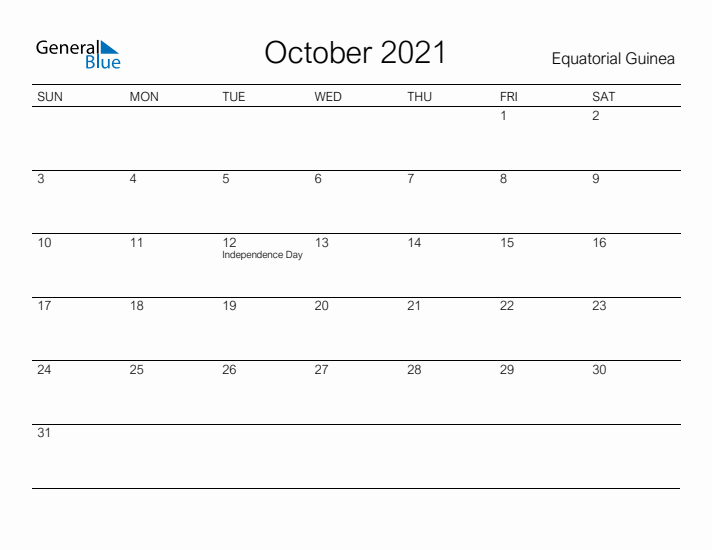 Printable October 2021 Calendar for Equatorial Guinea