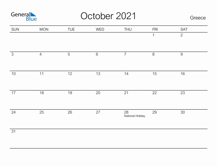 Printable October 2021 Calendar for Greece