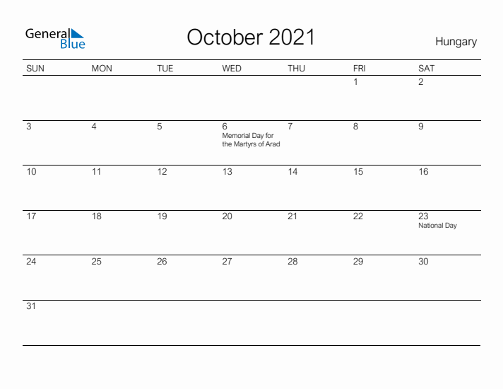 Printable October 2021 Calendar for Hungary