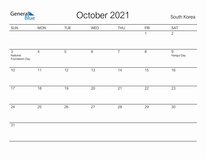 Printable October 2021 Calendar for South Korea