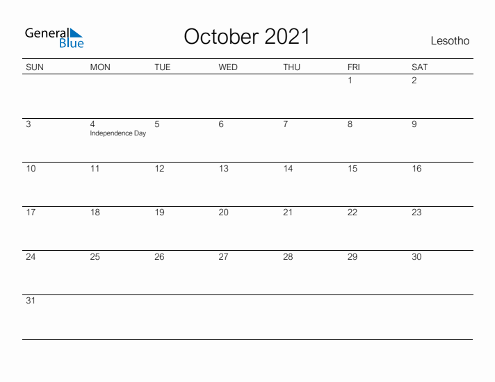Printable October 2021 Calendar for Lesotho