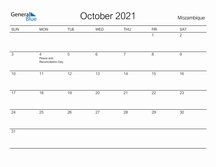 Printable October 2021 Calendar for Mozambique