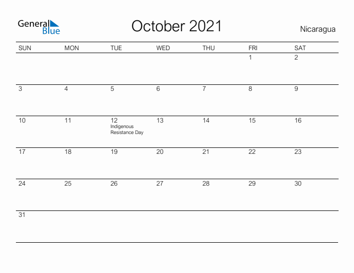 Printable October 2021 Calendar for Nicaragua