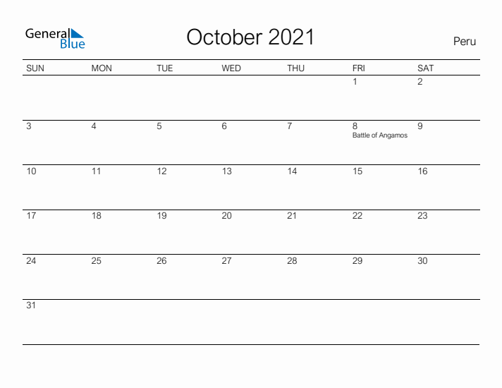 Printable October 2021 Calendar for Peru