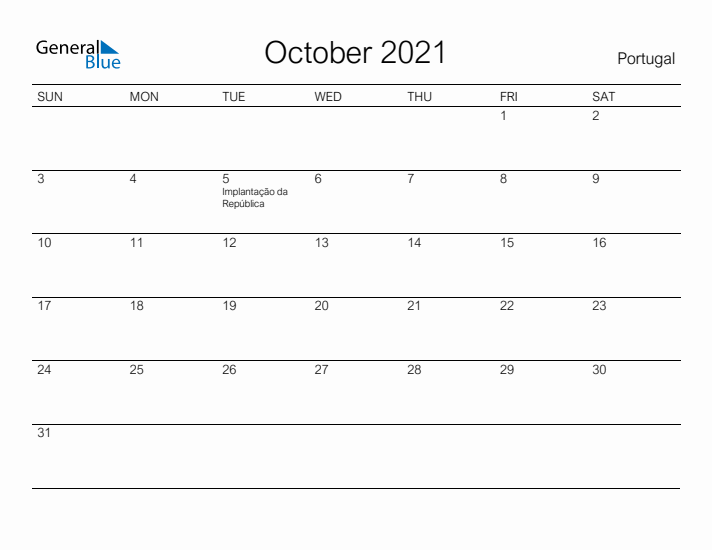 Printable October 2021 Calendar for Portugal