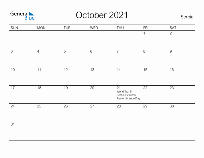 Printable October 2021 Calendar for Serbia