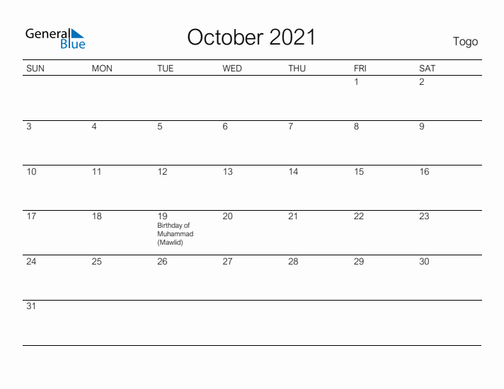 Printable October 2021 Calendar for Togo