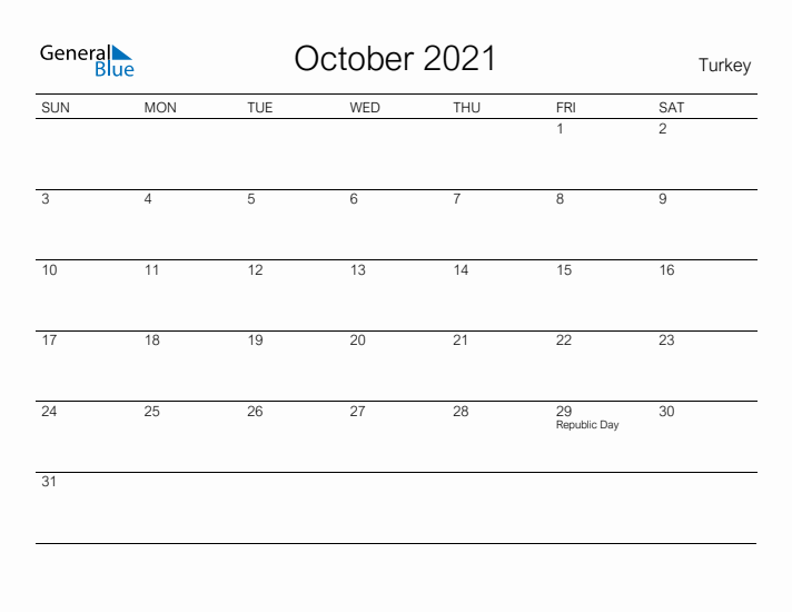 Printable October 2021 Calendar for Turkey