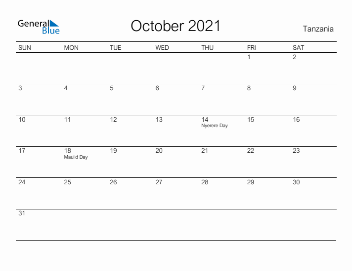 Printable October 2021 Calendar for Tanzania