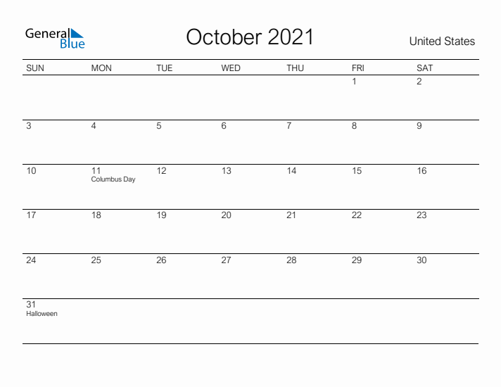 Printable October 2021 Calendar for United States