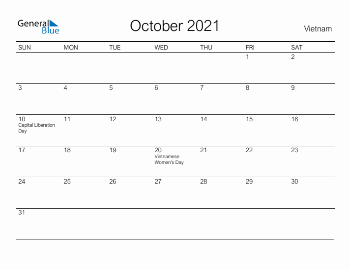 Printable October 2021 Calendar for Vietnam