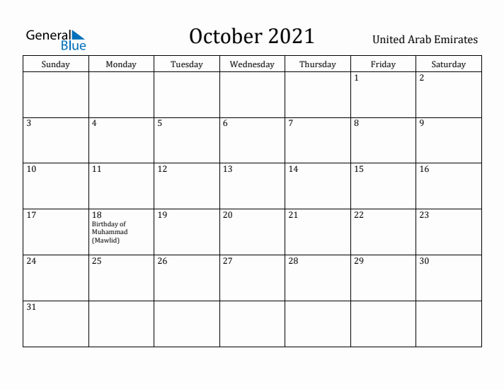 October 2021 Calendar United Arab Emirates