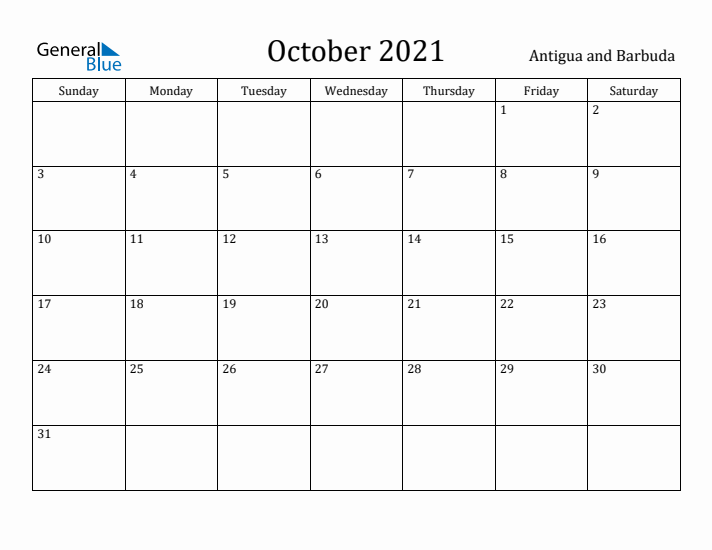 October 2021 Calendar Antigua and Barbuda