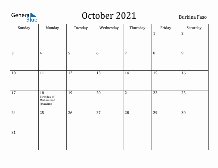 October 2021 Calendar Burkina Faso