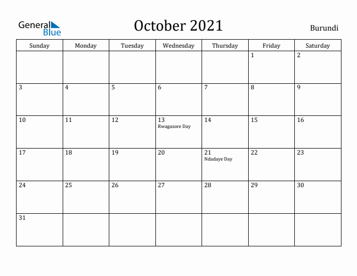 October 2021 Calendar Burundi