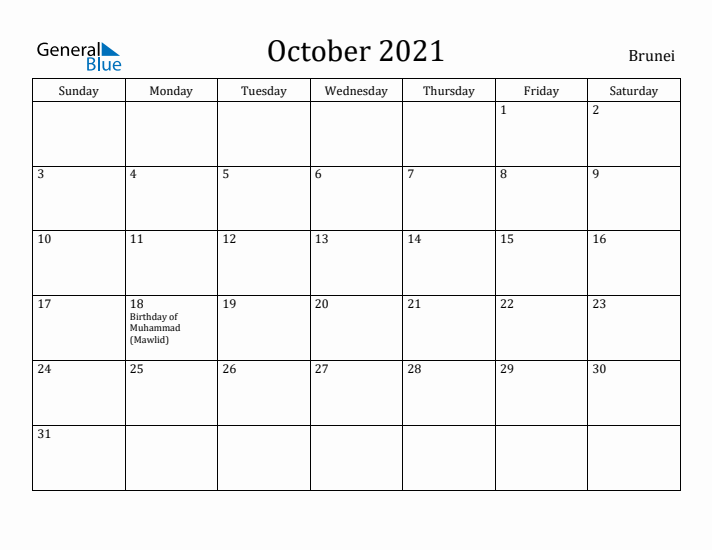 October 2021 Calendar Brunei