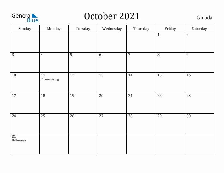 October 2021 Calendar Canada