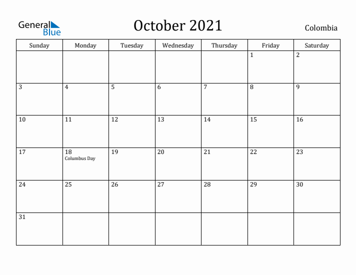 October 2021 Calendar Colombia