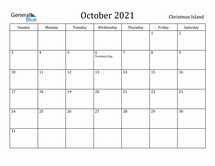 October 2021 Calendar Christmas Island