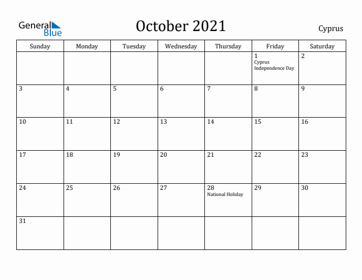 October 2021 Calendar Cyprus