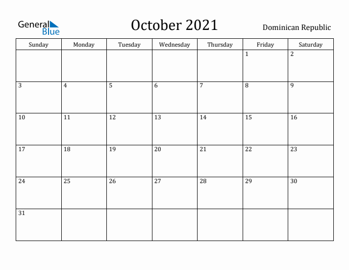 October 2021 Calendar Dominican Republic