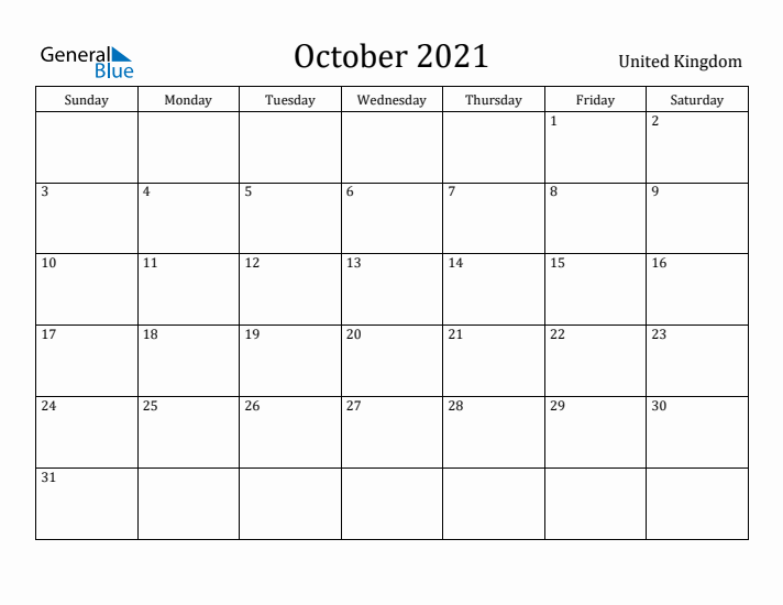 October 2021 Calendar United Kingdom
