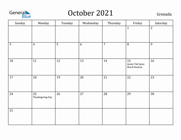 October 2021 Calendar Grenada