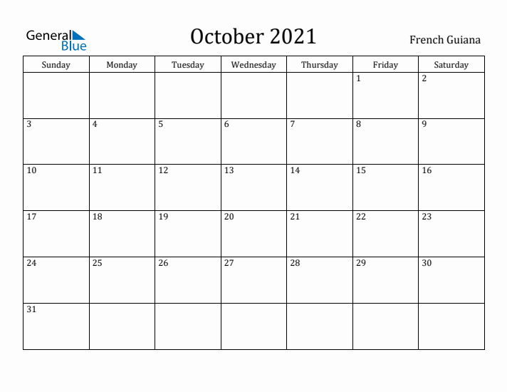 October 2021 Calendar French Guiana