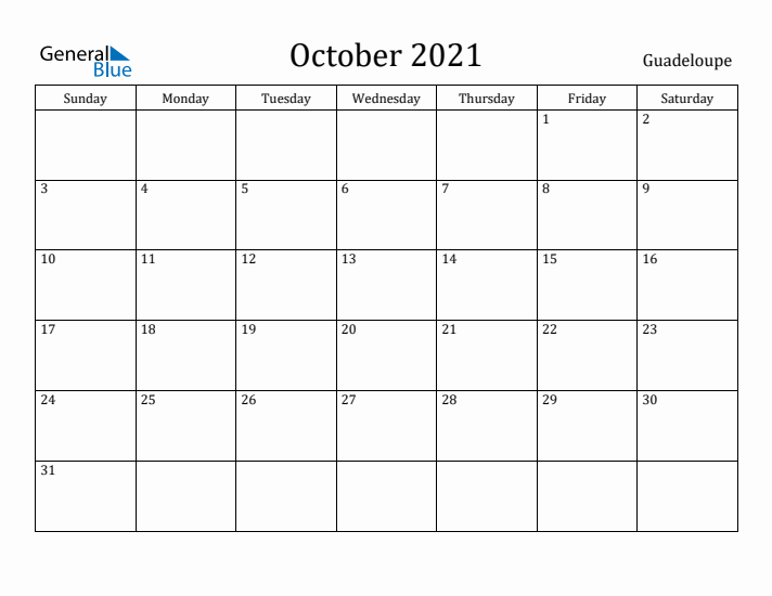 October 2021 Calendar Guadeloupe