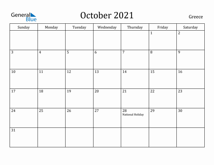 October 2021 Calendar Greece