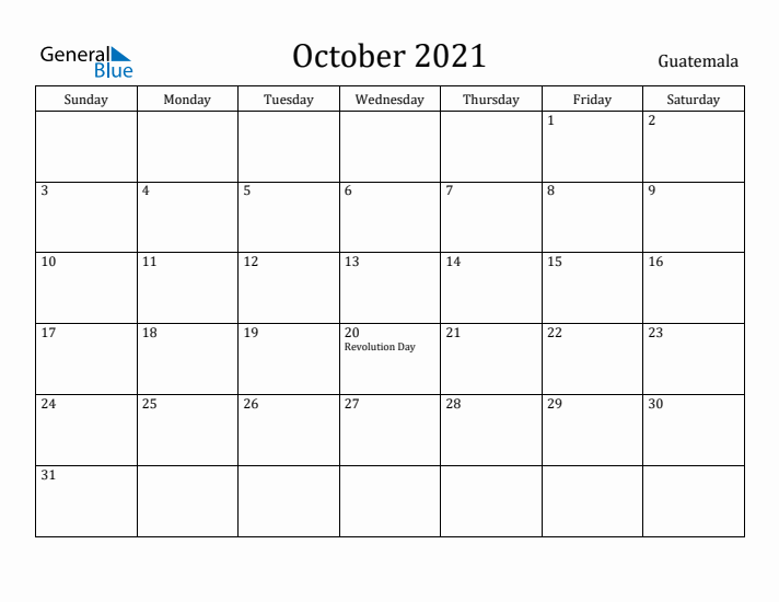 October 2021 Calendar Guatemala