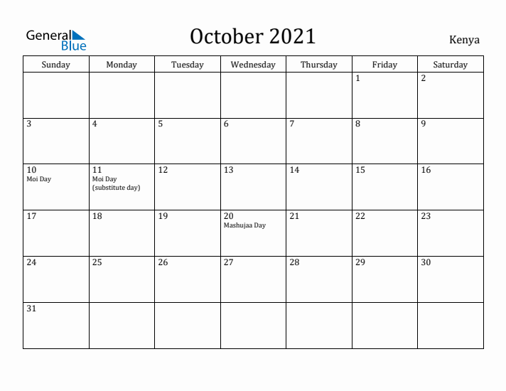 October 2021 Calendar Kenya