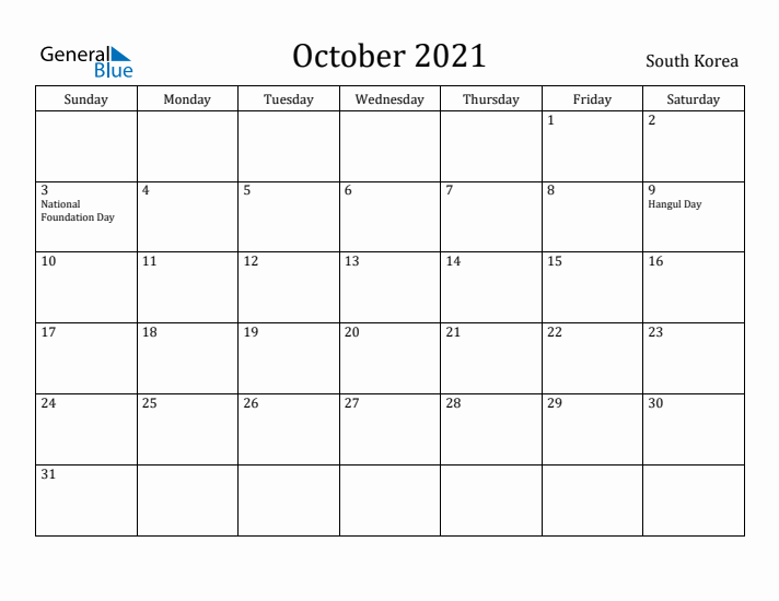October 2021 Calendar South Korea