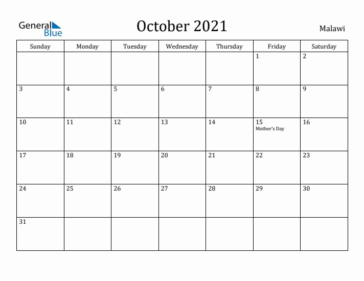 October 2021 Calendar Malawi
