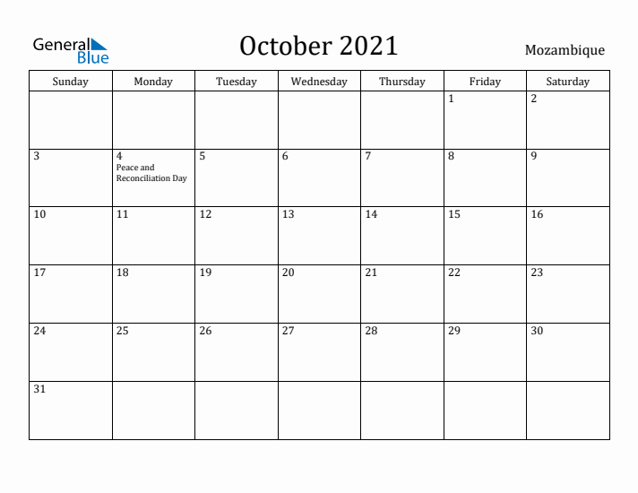 October 2021 Calendar Mozambique