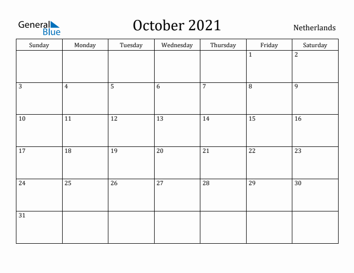October 2021 Calendar The Netherlands