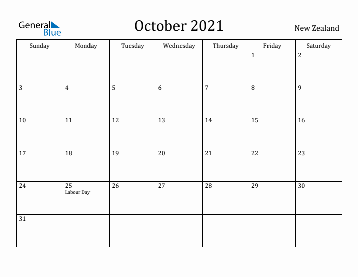 October 2021 Calendar New Zealand