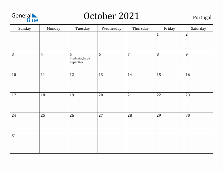 October 2021 Calendar Portugal