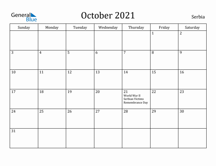 October 2021 Calendar Serbia