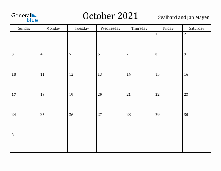 October 2021 Calendar Svalbard and Jan Mayen